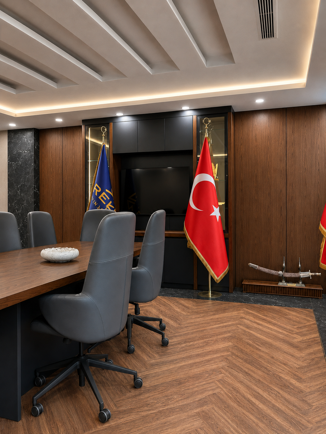 TV ünitesi ve balıksırtı parke zemin detayı